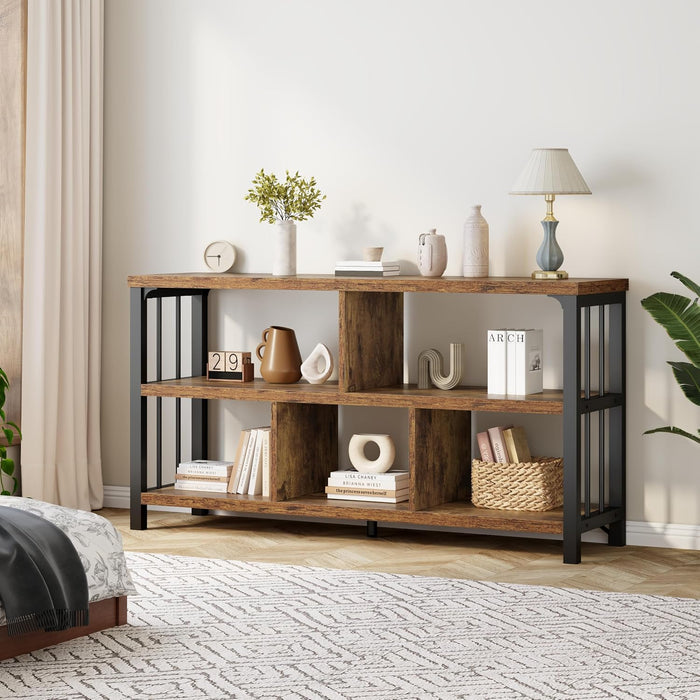 Low Book Shelf, Industrial Horizontal Bookcase, Rustic Brown, 47 Inch | Farmhouse 3 Tier Open Bookshelf, Long Wide 5 Cube Storage Organizer, Wood Metal Cubby Bookcase for Bedroom Living Office