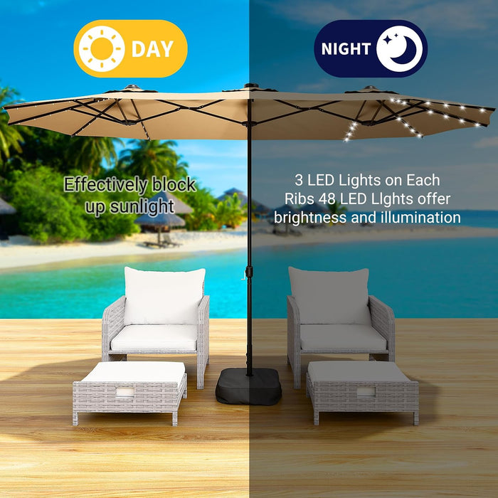15FT Large Patio Patio Umbrella with Base & Solar LED Lights - Double-Sided,Kahaki