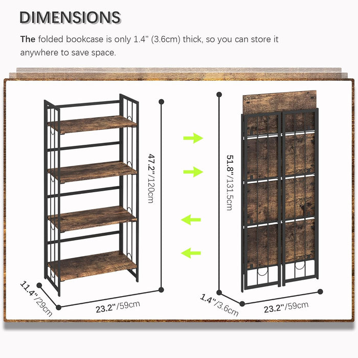 No Assembly 4 Tiers Folding Bookshelf, 47.2" H Foldable Storage Shelves Vintage Bookcase Standing Racks Study Organizer Home Office - Rustic Brown Black