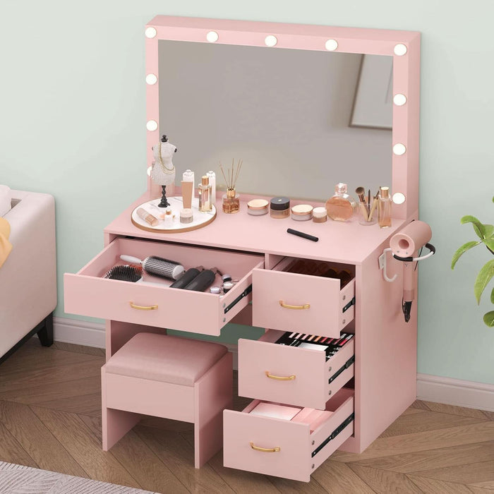 Vanity Desk with Large Mirror and Lights, Makeup Vanity Set with 11 LED Bulbs and Power Outlet, 4 Storage Drawer, Dressing Table with 3-Color Adjustable Lighting, Vanity Stool, Pale Pink