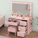 Vanity Desk with Large Mirror and Lights, Makeup Vanity Set with 11 LED Bulbs and Power Outlet, 4 Storage Drawer, Dressing Table with 3-Color Adjustable Lighting, Vanity Stool, Pale Pink