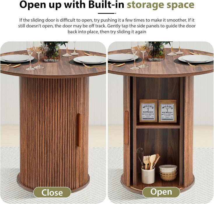 31.5" round Dining Table for 2-4, Modern Farmhouse Kitchen Table with 2-Tier Storage Shelf, Small Wooden Circle Dining Tables with Fluted Base for Home Dining Room Living Room (Walnut)