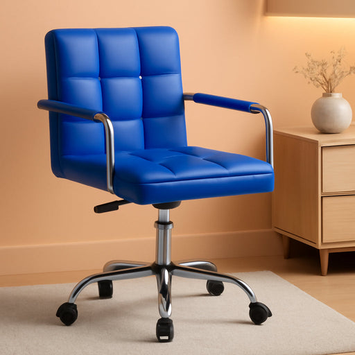 Mid-Back Office Task Chair Ribbed PU Leather Executive Chair Modern Adjustable Home Desk Chair Retro Comfortable Work Chair 360 Degree Swivel with Arms (Blue)