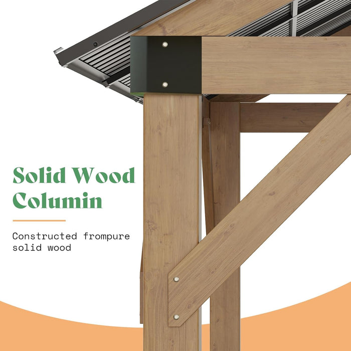 10X12 Ft Spruce Wood Gazebo, Hardtop Pergola with Metal Steel Roof, Outdoor Gazebo with Guest House for Garden, Porch, Patio, Black + Natural Wood