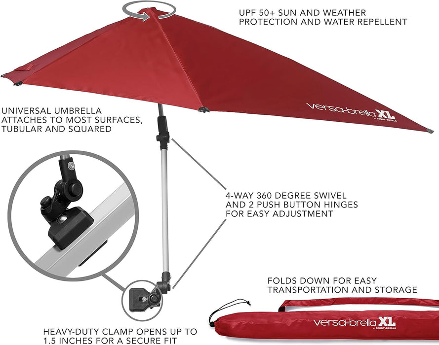 Versa-Brella UPF 50+ Personal Sun Shade - Portable Umbrella for Sports & Outdoors - Secure Clamp, 360-Degree Swivel Adjustable Position for Maximum Sun Protection - Compact with Carry Case