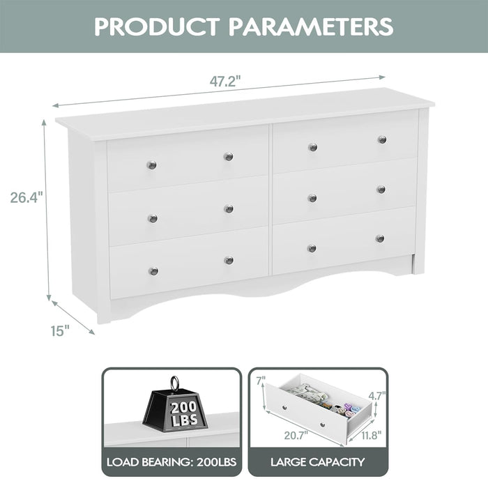 White Wood Dresser with 6 Drawer, 47.2‘’ Cabinets Dressers Wood Dresser Cabinet, Organizer Drawers for Bedroom, Living, Hallway