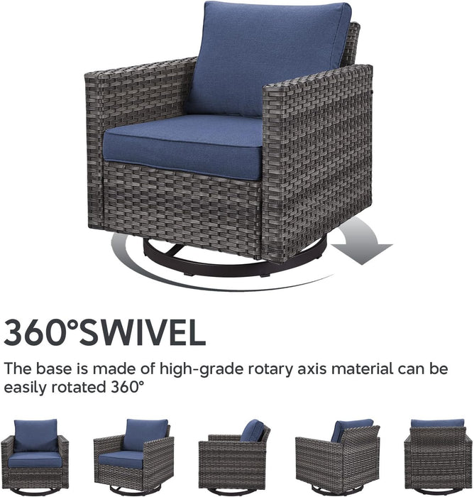 6 Piece Wicker Patio Furniture Set - Outdoor Swivel Rocker Chairs Set with Coffee Table, 3 Seat Sofa & Ottomans, Small Patio Conversation Sets Proch Furniture for Balcony Deck - Grey/Blue