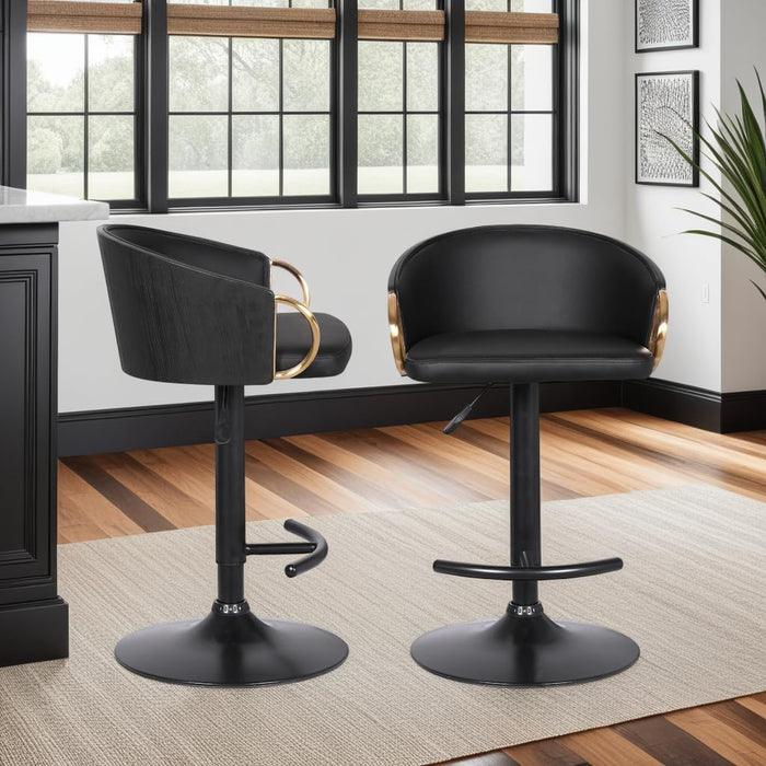 Solstice Adjustable Black Faux Leather Swivel Barstool with Black Powder Coated Finish and Gold Accents