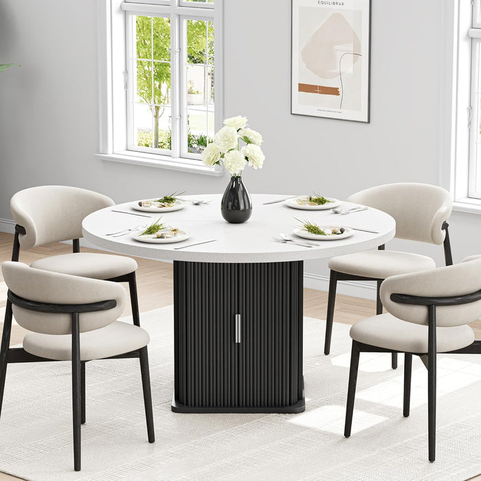 round Dining Table for 4, 47 Inch Modern Farmhouse Kitchen Table with Storage Shelf and Wood Slide Doors, Circle Dinner Table with Quartz Top and Wood Grain Base for Dining Room Kitchen (Black)