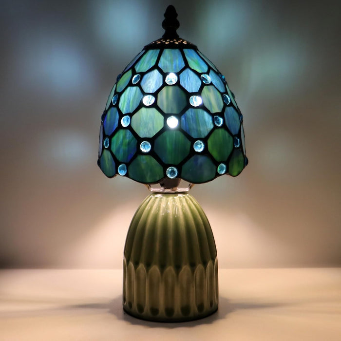 Tiffany Stained Glass Mushroom Table Lamp 12.5 Inch -Sea Blue Pearl