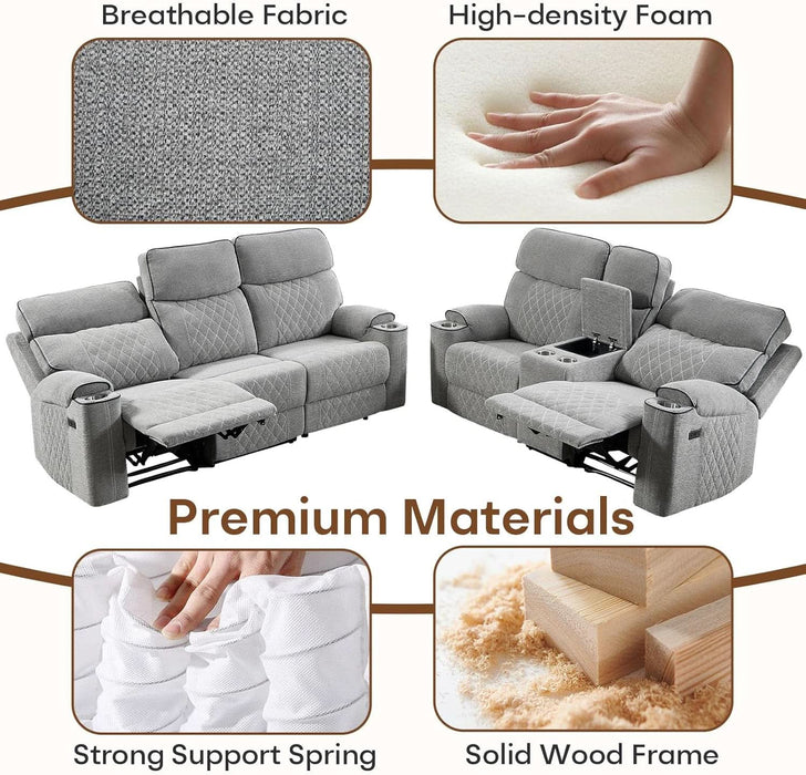 3-Piece Power Recliner Sofa Set with Charging Port, Include 2 Single Power Reclining Chairs and a 3-Seater Reclining Couch with Cup Holders for Living Room, Light Grey