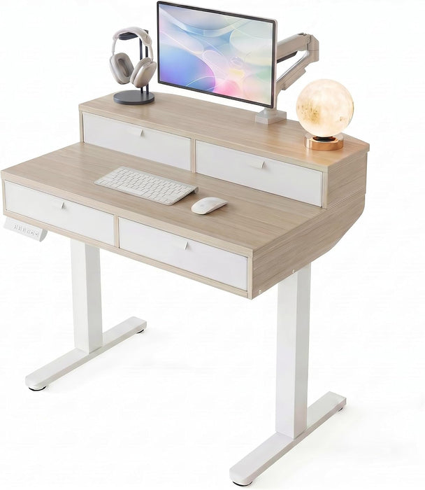 32 X 20 Inch Electric Standing Desk with 4 Drawers, Adjustable Height Sit Stand Home Office Desk, C-Clamp Mount Compatible, Ergonomic Stand up Desk with 4 Preset Heights, Natural