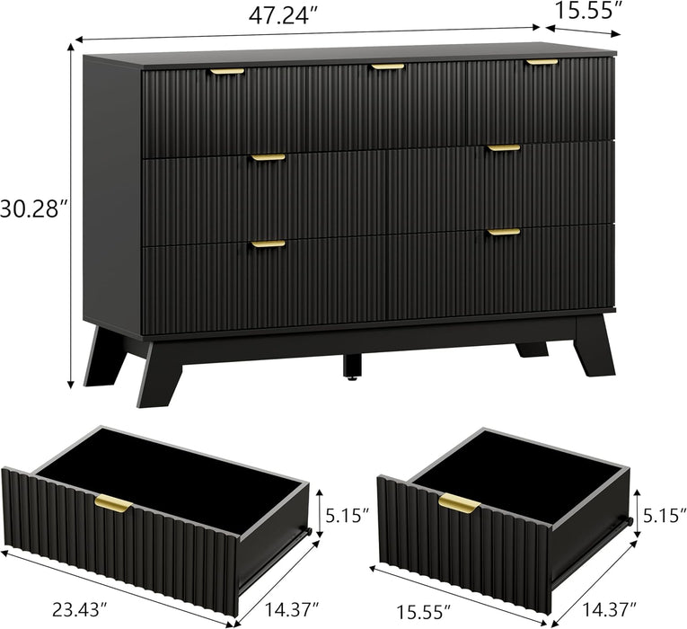 7 Drawer Fluted Dresser for Bedroom, Mid Century Modern Dresser with 7 Drawers, Dressers & Chests of Drawers with Metal Handle, TV Stand & Storage Organizer for Entryway, Hallway, Black