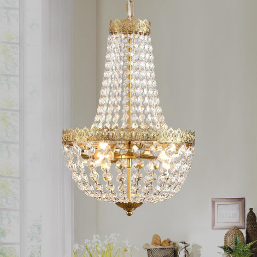 Mini French Empire Crystal Chandelier 4 Lights Pendant Lighting Fixture for Dining Living Room Foyer Kitchen Bedroom Entryway,Antique Brass,E12,19.7" Hx12.6 W