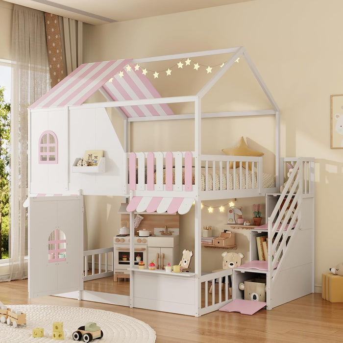 Full Over Full House Bunk Bed StorageStaircaseWithDrawersWhitePink