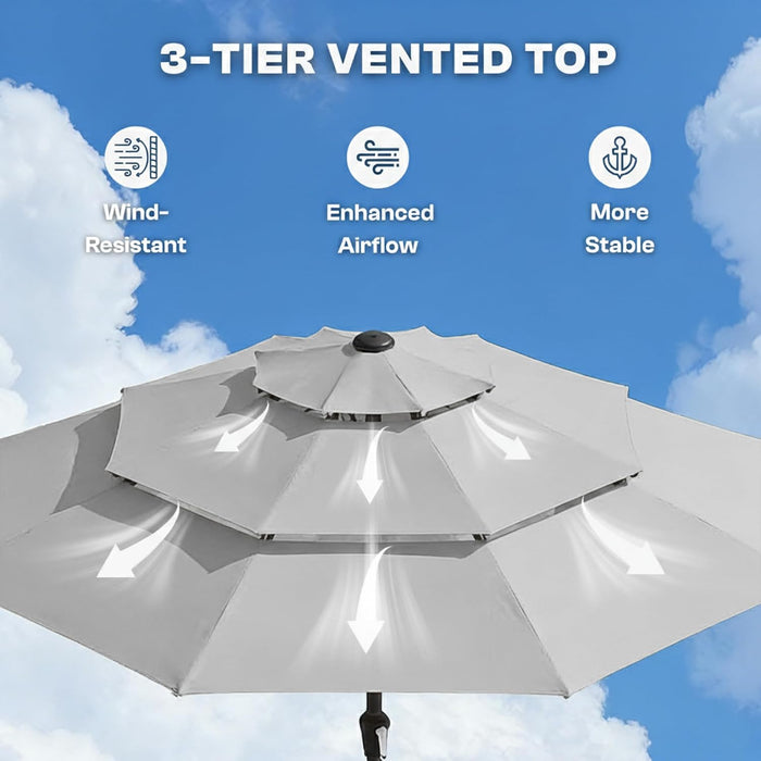 10FT Patio Umbrella 3 Tiers Outdoor Market Umbrella with 32 Solar Powered LED Lights, Windproof Outdoor Market Umbrella for Deck, Poolside & Garden, Sturdy Push-Button Tilt Table Umbrella, Light Gray