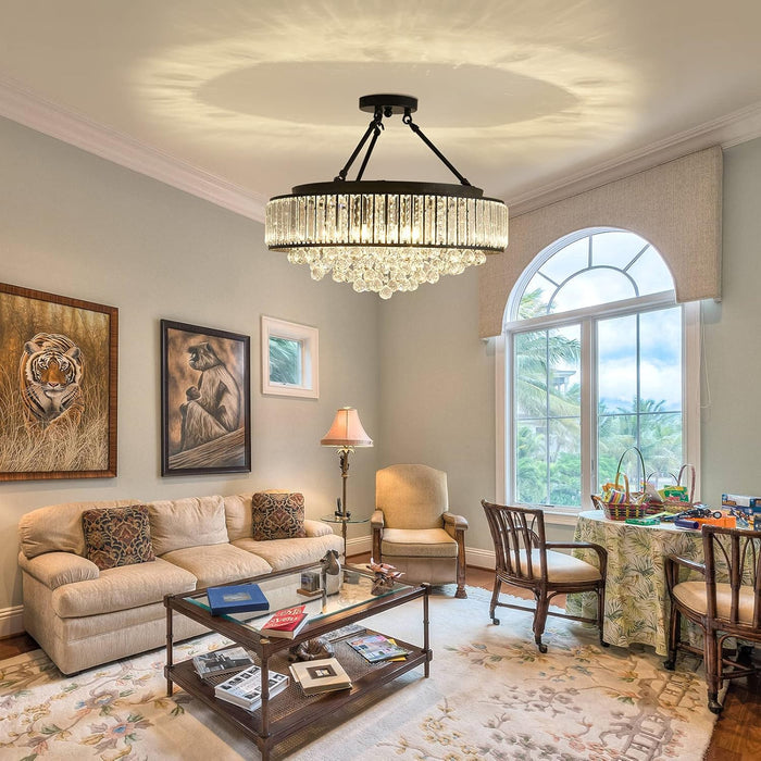 6-Light Modern Large Crystal Chandelier Black Metal E26 Semi Flush Mount round Light Fixture Ceiling Lamp Farmhouse for Dining Living Room Laundry Foyer Kitchen Balcony Bedroom