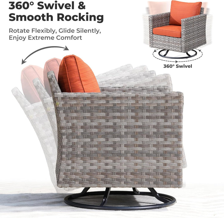 10 Pieces Patio Furniture Set, Outdoor Wicker Sectional Sofa with 30" Fire Pit Table Swivel Chairs, Modern Modular Deep Seat Rattan Couch Conversation Sets, Orange Red