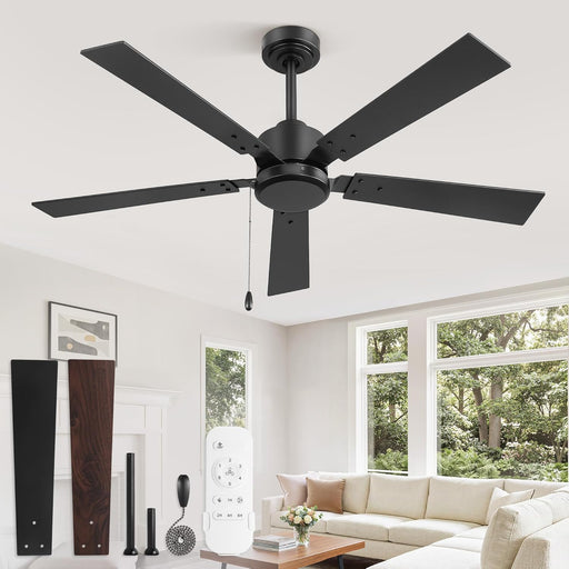 52 Inch Ceiling Fan No Light with Pull Chain, Modern Ceiling Fan without Lights, 6-Speeds, Quiet DC Motor, Remote Control, Black Ceiling Fan for Bedroom, Living Room, Indoor/Outdoor Use