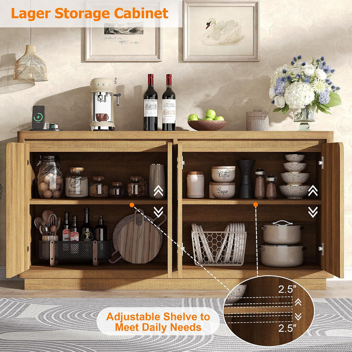 Buffet Cabinet with Storage, Outlet & Adjustable Shelves, Sideboard Cabinet with Double-Arc Doors, Classic Modern Wood Console Table & Credenza for Dining Room & Entryway