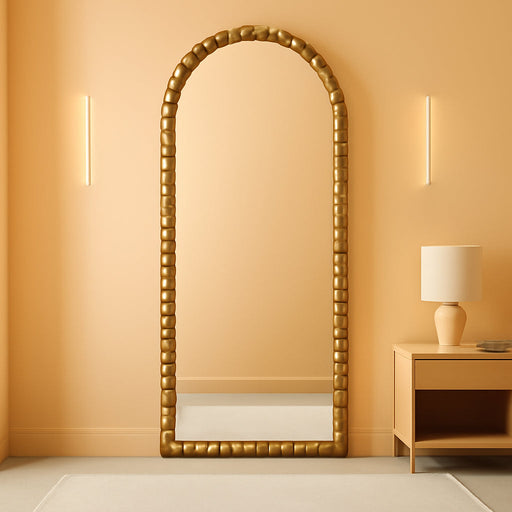 71" X 28" Arched Full Length Mirror, Antique Beaded Frame Floor Standing or Wall Mounted Mirror with Stand for Bedroom, Entryway, Bronze, Luxury Style