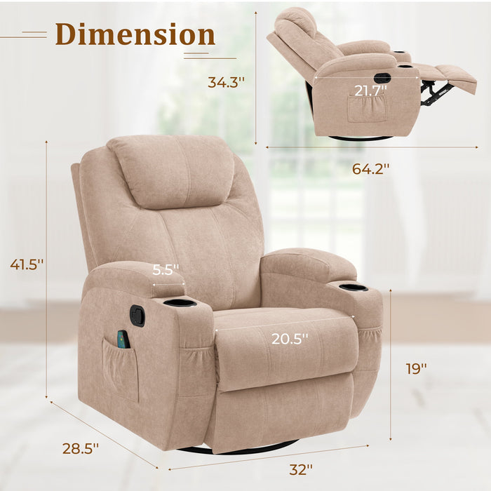 Recliner,Modern Fabric Rocking Chair with Massage,360 Degree Swivel Single Sofa Seat with Drink Holder