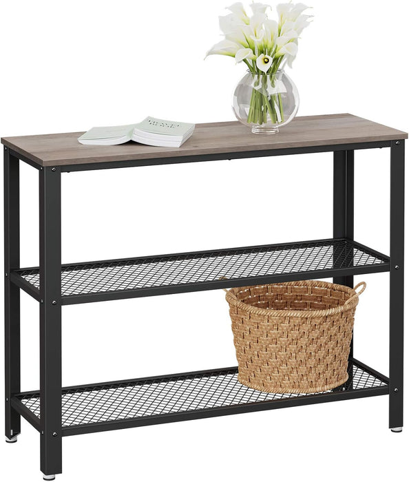 40" Industrial Console Table, 3 Tier Entryway Table with Storage Shelf, Narrow Sofa Table for Living Room, Hallway, Entrance Hall, Corridor, Bedroom, Greige and Black ULNT081B02