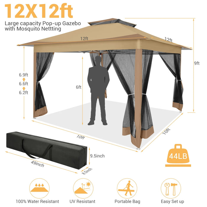 12X12Ft Outdoor Gazebo Pop up Gazebo with Mosquito Netting, Instant Patio Canopy Tent for Shade and Rain, 2 Tiered Vente Gazebo Canopy UPF 50+ for Garden Backyard with Carry Bag&4 Sandbags