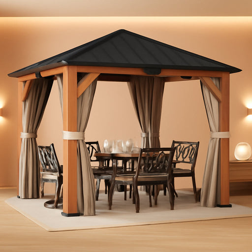 10x10 Cedar Wood Outdoor Permanent Gazebo Curtains
