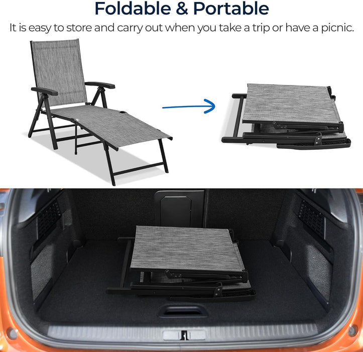 Outdoor Folding Chaise Lounge Set of 2 Patio Reclining Chairs W/Adjustable 7-Position Back for Beach Pool Garden Yard Deck Gray