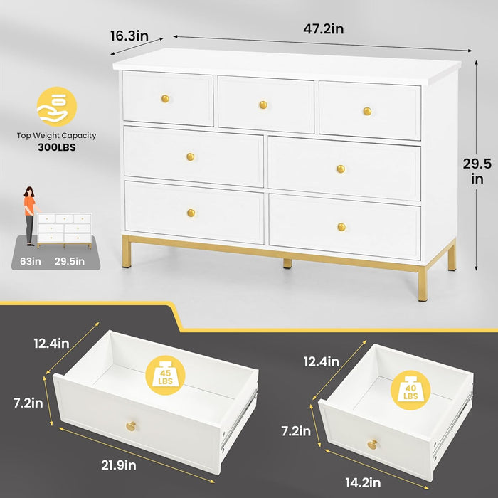 Modern 7-Drawer White Dresser,47" White Wooden Dresser for Bedroom, Storage Organizer with Deep Drawers & Metal Handles for Bedroom, Living Room, Entryway, Hallway