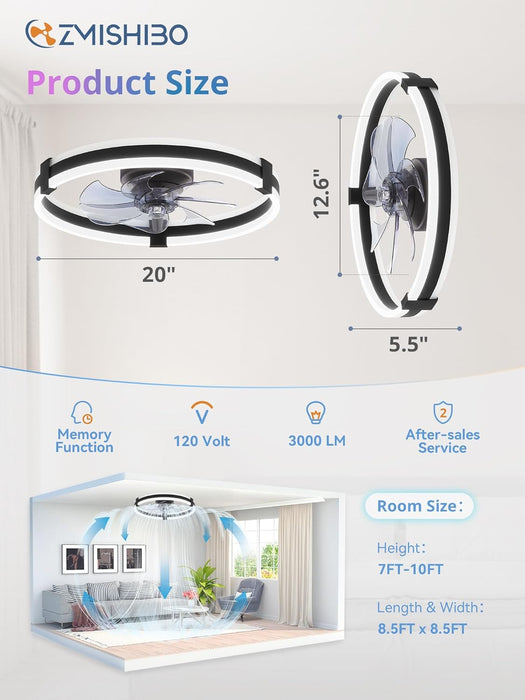 RGB Ceiling Fans with Lights and Remote, 20 Inch Low Profile Ceiling Fan with Light, 3000K-6000K Dimmable & RGB, Modern Fandelier Flush Mount Ceiling Fan, Small LED Fan for Bedroom