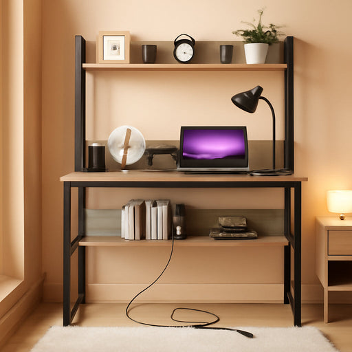 Home Office 47 Inch Writing Desk with Power Outlets and 2 USB Charging Ports for Studying, Gaming Table Computer Desk with Hutch and Bookshelf, Metal Frame Workstation for Office, Gray