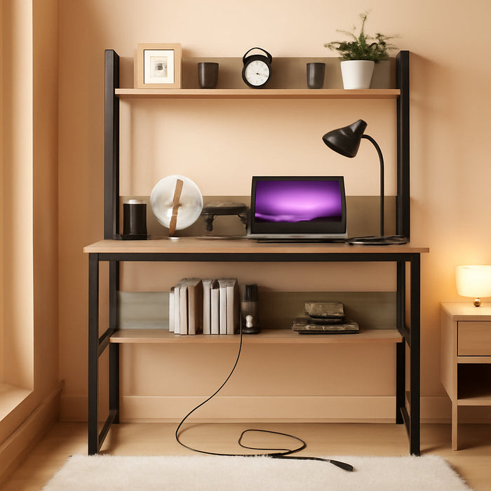 Home Office 47 Inch Writing Desk with Power Outlets and 2 USB Charging Ports for Studying, Gaming Table Computer Desk with Hutch and Bookshelf, Metal Frame Workstation for Office, Gray