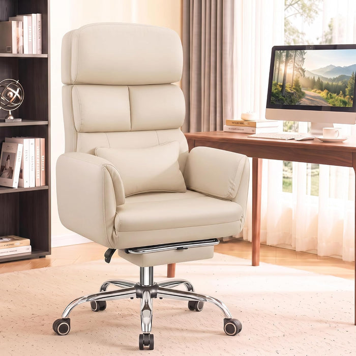 Big and Tall Leather Office Chair, Cross Legged Flip Arms, Beige