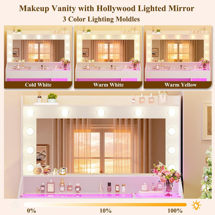 Vanity Desk with Mirror & RGB Lights, White Makeup Vanity Table with 2 Transparent Top Large Drawers & RGB Cabinet, Vanity Desk with LED Lighted Mirror 3 Colors, Power Outlets, Flip-Up Drawer