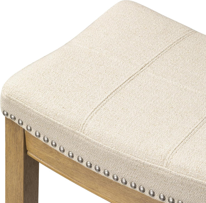 31" Sophia Backless Bar Stool - Handcrafted Plush Upholstered Saddle Seat with Six-Panel Stitching & Nailhead Trim - Space Saving Wood Barstool in Aged Natural Finish W/Light Beige Fabric