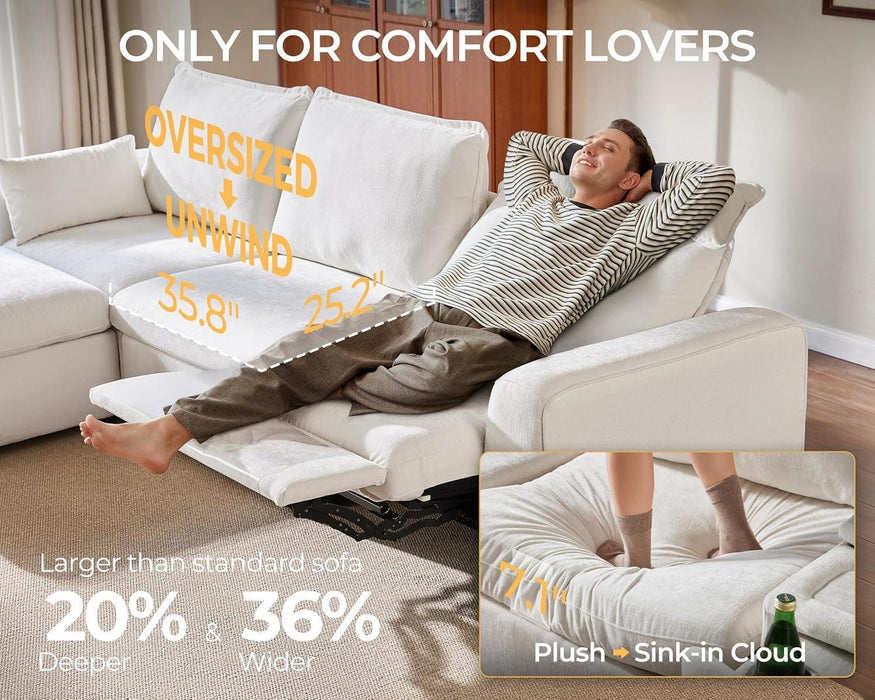 102.8'' Loveseat Power Recliner Sofa with Headrest, Oversized Cloud Modular Sectional Couch with Table, Drawer, Charging, 3-Seater with Storage Ottoman for RV Home Theater, Chenille, White