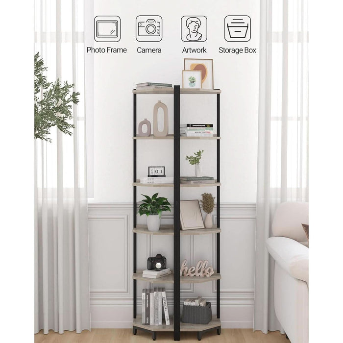 Corner Shelf Stand, Corner Bookshelf, Storage Standing Shelf Unit with Metal Frame, Plant Stand, Corner Bookcase for Living Room, Home Office, Bedroom, 6-Tier Greige CS06005B