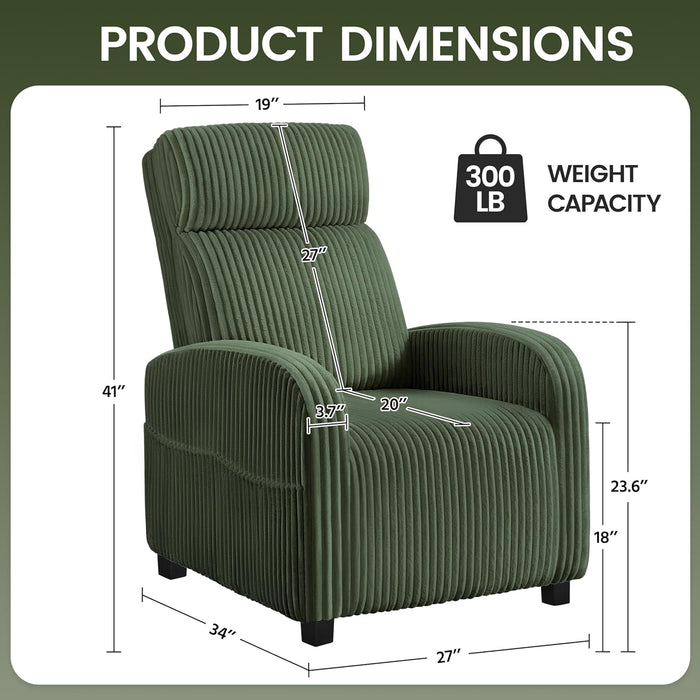 Single Sofa for Living Room, Corduroy Home Movie Theater Seating Reading Accent Chair with Side Pockets High Back for Nursing Bedroom, Dark Green