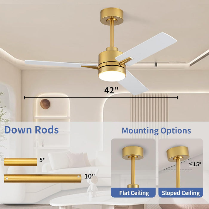 42'' Ceiling Fan with Lights and Remote, Low Profile Modern Ceiling Fan Gold, 6 Speed, Reversible, 3000K-6000K LED, Quiet DC Motor for Indoor Outdoor Bedroom Living Room