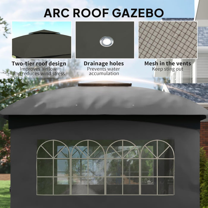 11' X 11' Outdoor Gazebo Arc Patio Gazebo Canopy Shelter with UV Protection, Curtains, Church Windows, Double Roof, Galvanized Steel Frame for Lawn, Backyard and Deck, Dark Gray