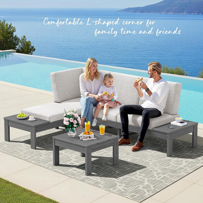 HDPE Outdoor Furniture Set, 4 Seats Outdoor Sectional with Coffee Table, All-Weather Patio Sofa Set, Patio Conversation Sets with Adjustable Backrest Sofa for Garden, Backyard, Grey with Beige