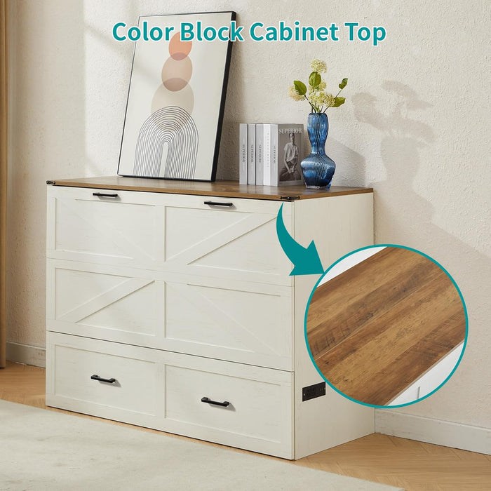 Queen Murphy Bed with Charging Station Large Storage Drawer Farmhouse Wood Space Saving Hidden Foldable Cabinet Bed for Bedroom Office School, Rustic White
