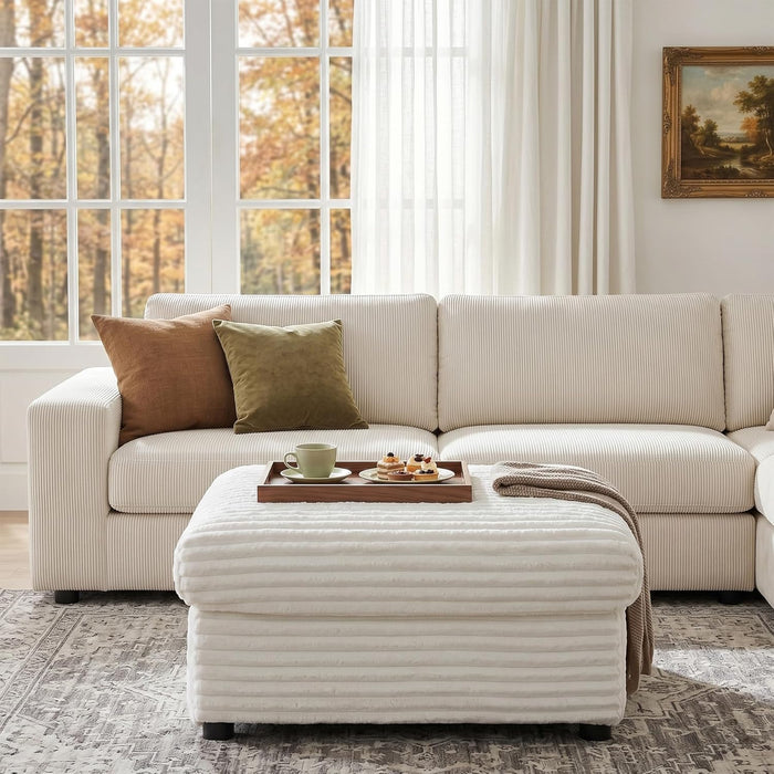 Corduroy Ottoman with Storage,Square Ottomans Easy of Assembly, Couch Ottoman for Living Room,Apartment and Bedroom (Beige, Ottoman)