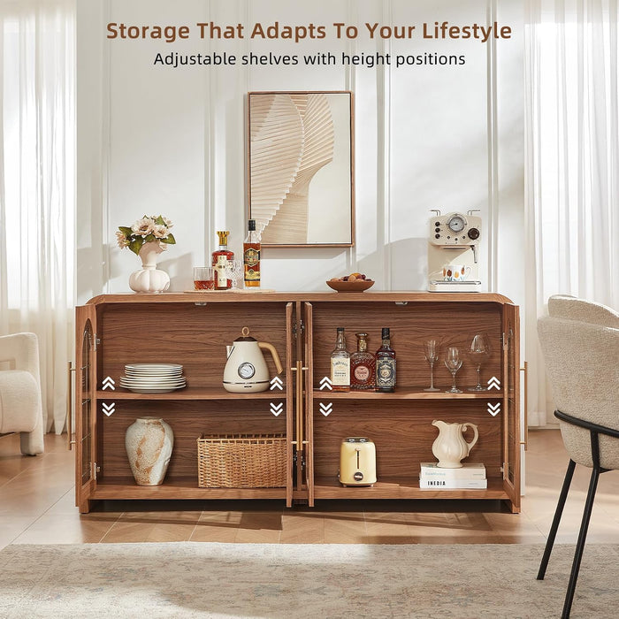 65" Sideboard Buffet Cabinet with Arched Glass Doors, Brown | Modern Wood Sideboard, Spacious Storage Credenza, Adjustable Shelves, Living Room Accent Cabinet, Dining Room & Entryway Use