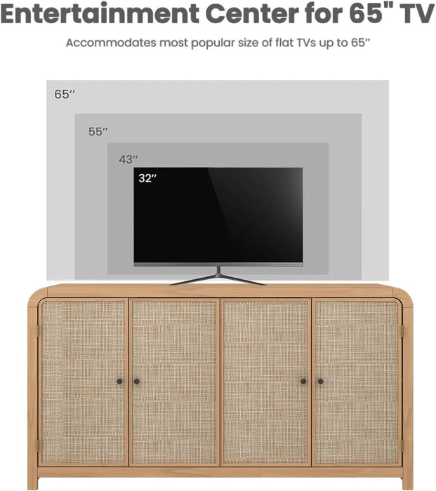 Oak Rattan Sideboard Buffet Cabinet, 60'', 4 Doors