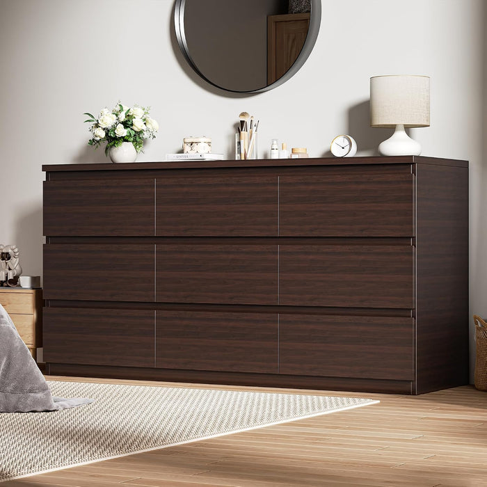 Modern 9 Drawer Dresser for Bedroom, Simply Chest of Drawers, Wood Storage Dresser with Deep Drawers for Living Room Hallway Entryway (Brown)