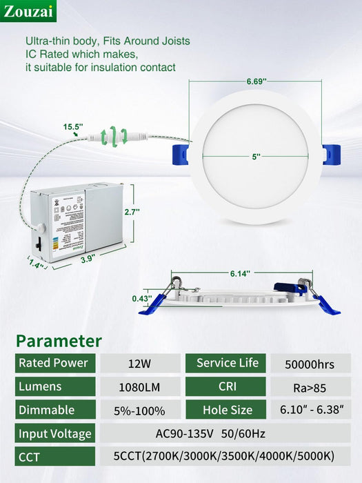 24 Pack 6 Inch Ultra-Thin LED Recessed Ceiling Light with Junction Box 5CCT Adjustable Dimmable Can-Killer Downlight - ETL and Energy Star Certified (24 Pack,5Cct, 6 Inch)