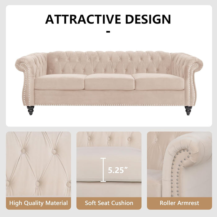 3 Piece Living Room Set, Sectional Chesterfield Sofa Chair Contemporary Upholstered Velvet Loveseat Couch Sets for Living Room, Bedroom, Office (Beige)